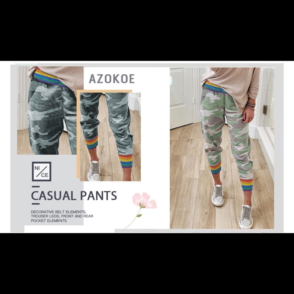 Women Rainbow Pride Stripe Camo Joggers Drawstring Waist Pants with Pocket Green - Picture 6 of 6